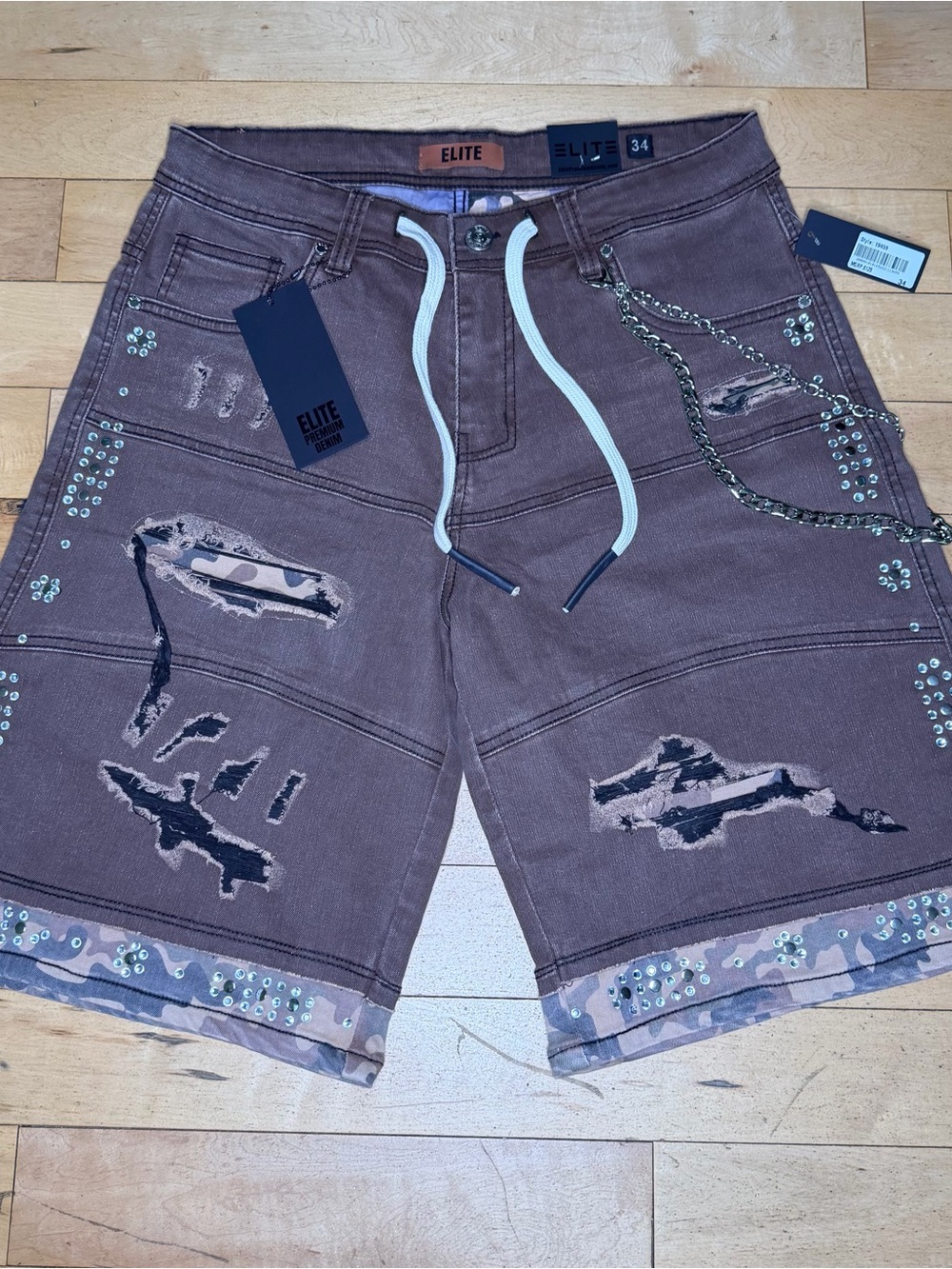 Elite Mens Jorts Mocha Brown Two Tone Premium Embellished Chain Men’s 34